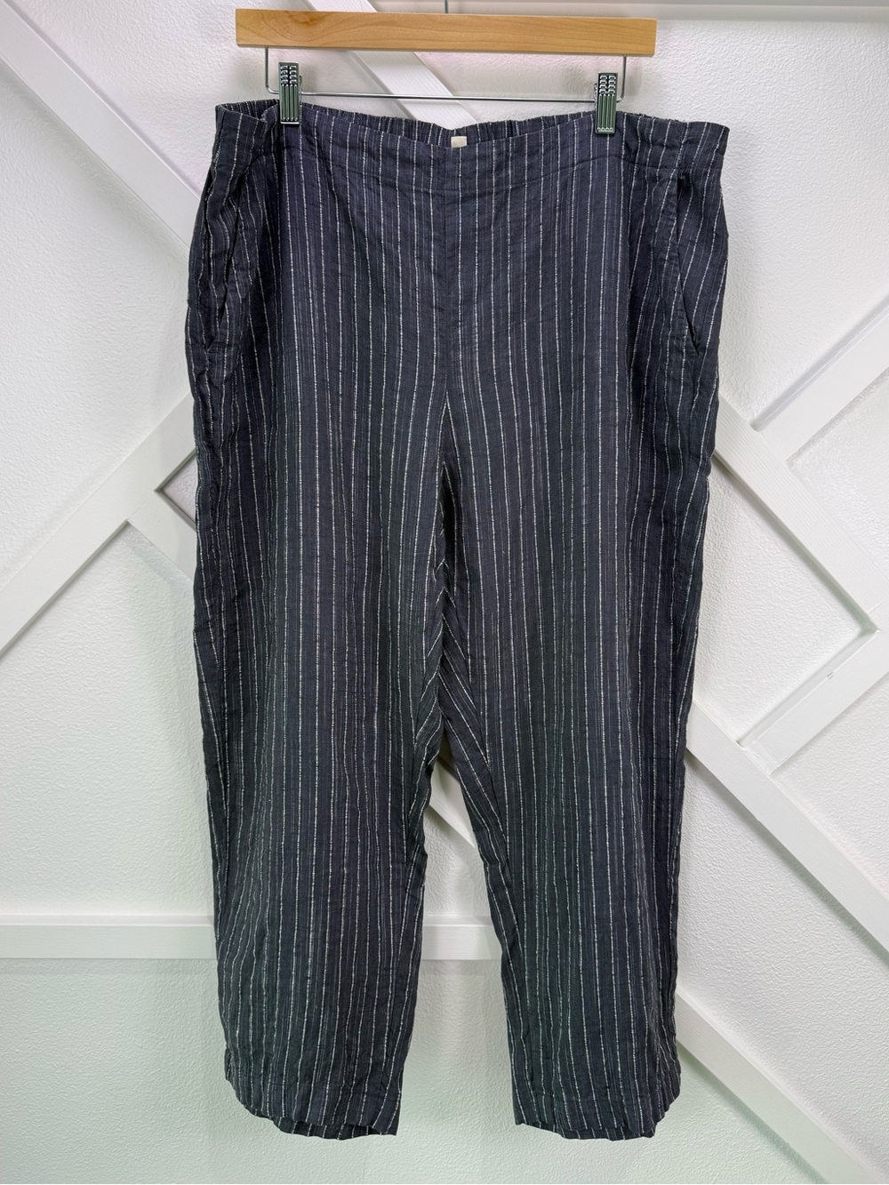 Eileen Fisher Organic Linen Striped Cropped Wide Leg Pants Charcoal Gray Size 1X